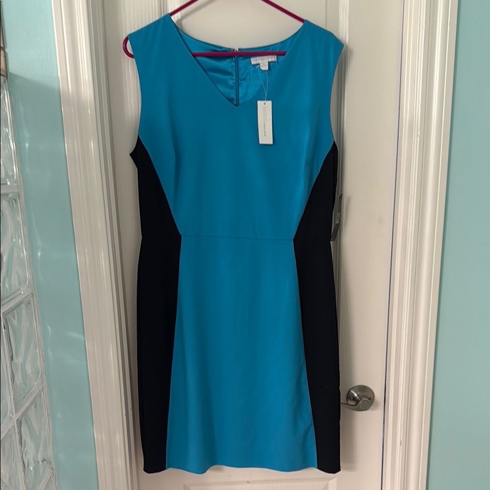 New York & Company Blue and Black Sheath Dress Sleeveless Crew Neck
